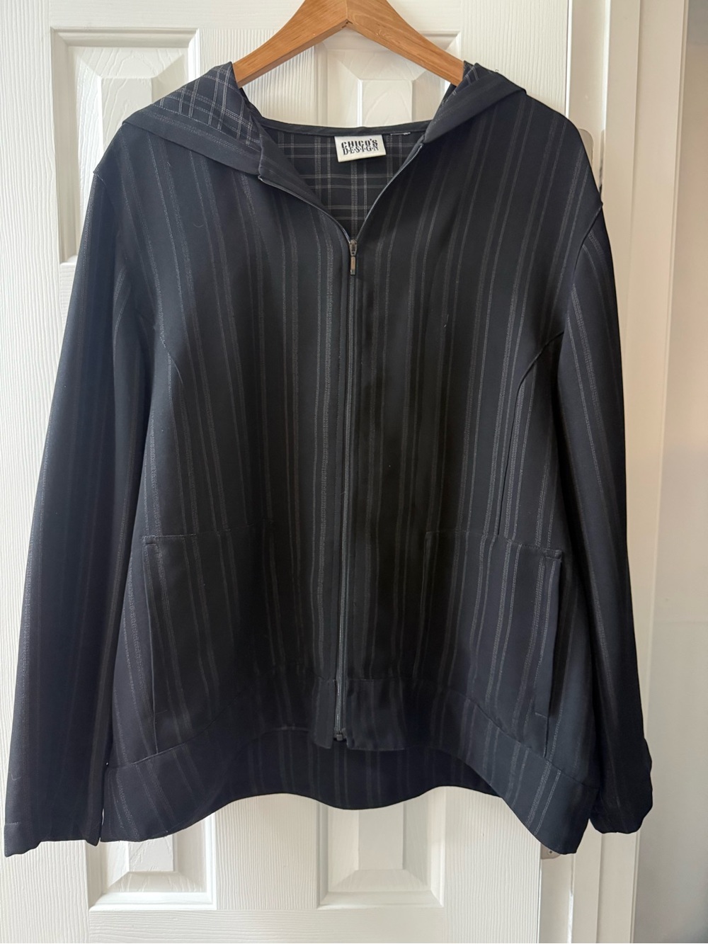 Chico's Design Vintage Black Striped Hooded Zip Up Jacket Lightweight XL